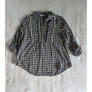 Paper Crane Gingham Plaid Roll Tab Sleeve Women's Top Sz L Cottagecore Preppy‎